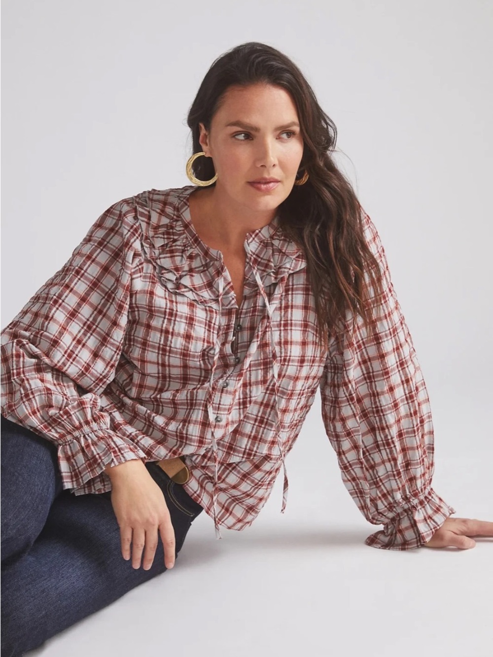 Maeve Anthropologie plaid ruffle blouse women's XL multicolor